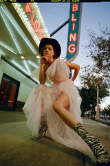 ruffle tulle atop floral lace mini dress in pink