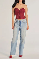 brocade satin strapless corset top in burgundy