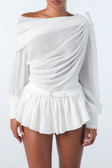 Ruched Chiffon Ruffle Two Piece Set - White