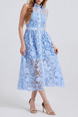 NECKLINE SLEEVELESS PINCHED WAIST MIDI DRESS IN BLUE