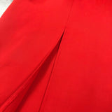 red strapless maxi dress with flower embellishments