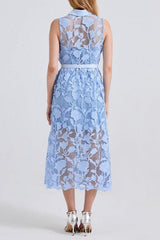 NECKLINE SLEEVELESS PINCHED WAIST MIDI DRESS IN BLUE