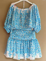 OFF-SHOULDER FLORAL PRINT MINI SKIRT SET IN BLUE