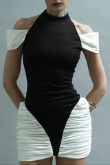 black-white Panel Sleeveless Gathered Halter mini Dress