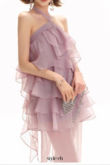 Backless Multi-layer Ruffle slit maxi dress in lilac