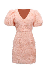 v-neck flower embellished puff Mini Dress in Ballet Pink