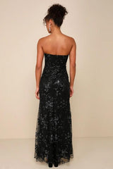 Sequin print Strapless Bustier Maxi Dress in black
