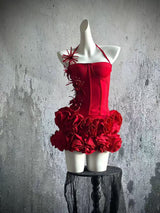 Corset Floral Two Piece Set Mini Dress In Red