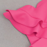 OFF SHOULDER RUFFLE TRIM BODYCON GOWN IN PINK