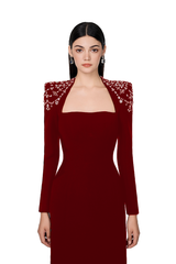 long sleeve trapezoid neckline bodycon maxi dress in red