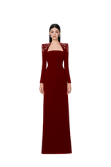 long sleeve trapezoid neckline bodycon maxi dress in red