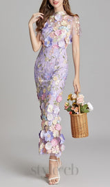 FLORAL EMBROIDERY MESH FISHTAIL MIDI DRESS IN PURPLE