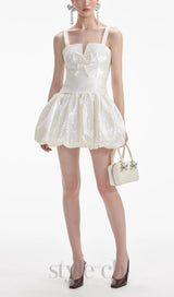 CREAM SEQUIN BOW MINI DRESS