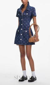 Denim Diamante Bow Collared Mini Dress
