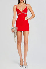 karen V-neck rhinestone embellished stretch Bodycon mini dress in red