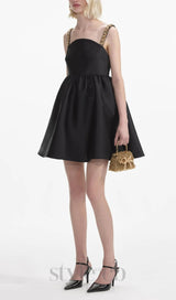 BLACK TAFFETA EMBELLISHED MINI DRESS