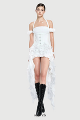 elva halter three-dimensional flower irregular tassel mini dress in white