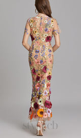 FLORAL EMBROIDERY MESH FISHTAIL MIDI DRESS IN BROWN