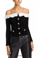 Chenille Knit Off-the-Shoulder Top in black