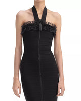 Knit Zip Ruffle Midi Dress in black