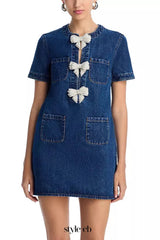 bow Embellished Denim Mini Dress in blue