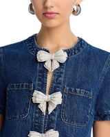 bow Embellished Denim Mini Dress in blue
