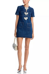 bow Embellished Denim Mini Dress in blue