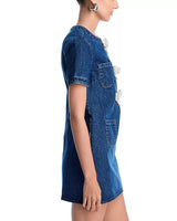 bow Embellished Denim Mini Dress in blue
