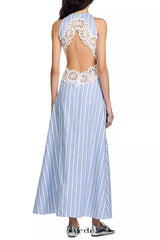 hollow Lace Trim Maxi Dress in blue