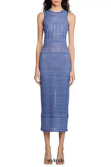 hollow striped sleeveless knit midi dress in Royal Blue