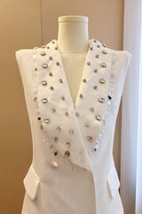 white V-Neck Sleeveless Diamond Midi Suit Top