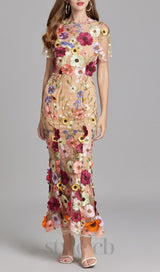 FLORAL EMBROIDERY MESH FISHTAIL MIDI DRESS IN BROWN