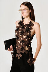 Moyer Bodycon Flower Applique Tulle Top in black