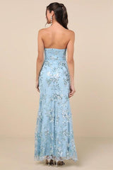Sequin print Strapless Bustier Maxi Dress in blue