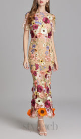 FLORAL EMBROIDERY MESH FISHTAIL MIDI DRESS IN BROWN