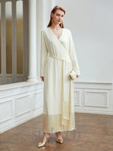 belted satin fringe-hem dress in beige