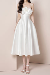 mignon 3d flower satin strapless midi dress in white