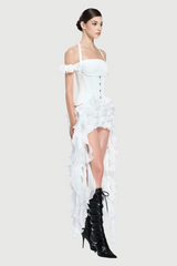 elva halter three-dimensional flower irregular tassel mini dress in white