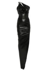 one-shoulder sleeveless ruched bodycon maxi dress in black