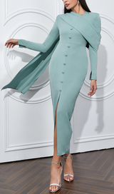 GRAY AND BLUE SINGLE-BREASTED BUTTON LONG-SLEEVED FRILL V-NECK RIBBON MIDI DRESS