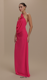 Floral halterneck high collar maxi dress in Rose Pink