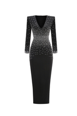 pearl embellished v-neck maxi dress in black