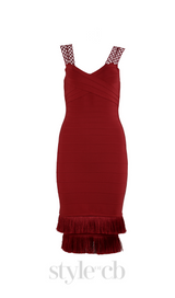 tassel bandage lace bodycon midi dress in burgundy