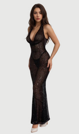 BARBARA HALTER SEQUIN MAXI DRESS IN BLACK