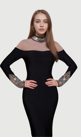 alexandra Long Sleeve Rhinestone Bandage maxi Dress in black