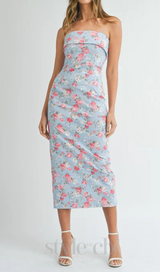 sherry strapless floral midi dress in blue