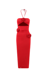 Flower Halter Cut Out Dress in red