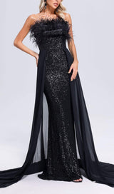 BLACK FEATHER SEQUIN MAXI DRESS