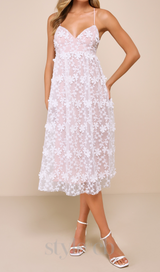 3D Floral Applique Midi Dress in White