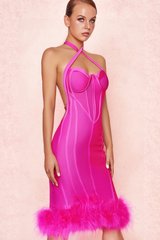 ROSE RED OSTRICH FEATHER HALTER NECK BACKLESS TIGHT DRESS